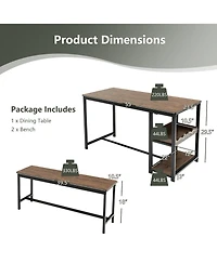 Gymax 3PCS Rustic Kitchen Dining Set Includes Storage Rack w/ Rectangular Table and 2 Benches