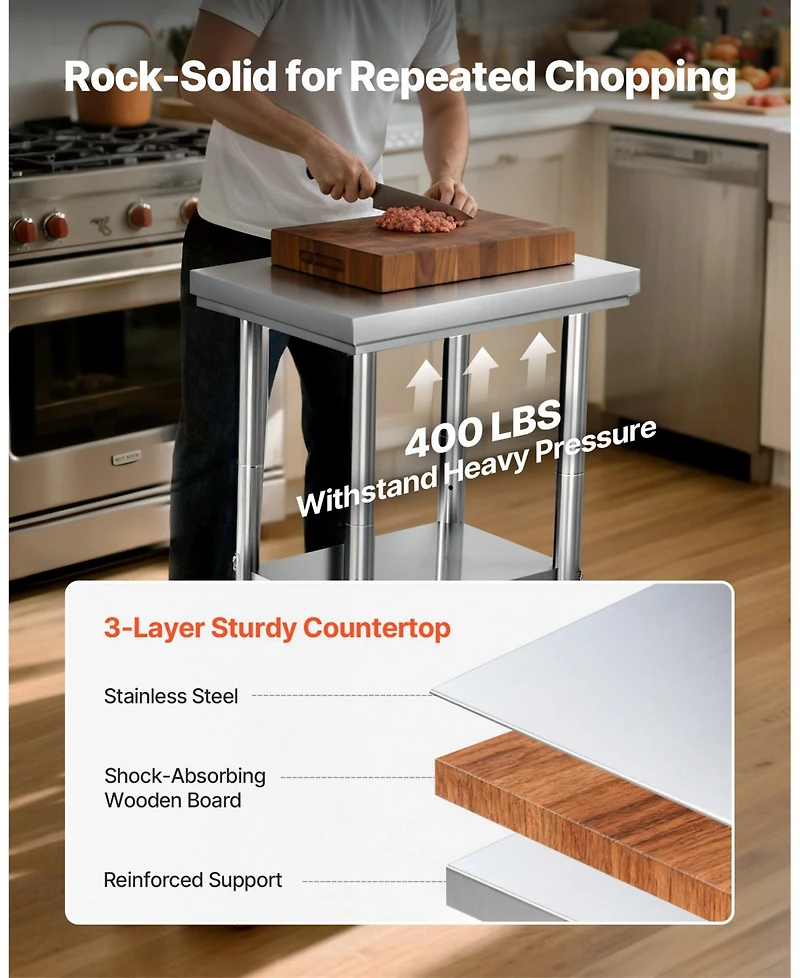 Gouun Stainless Steel Prep Table on Wheels with Adjustable Undershelf, 24 x 18 x 34 in