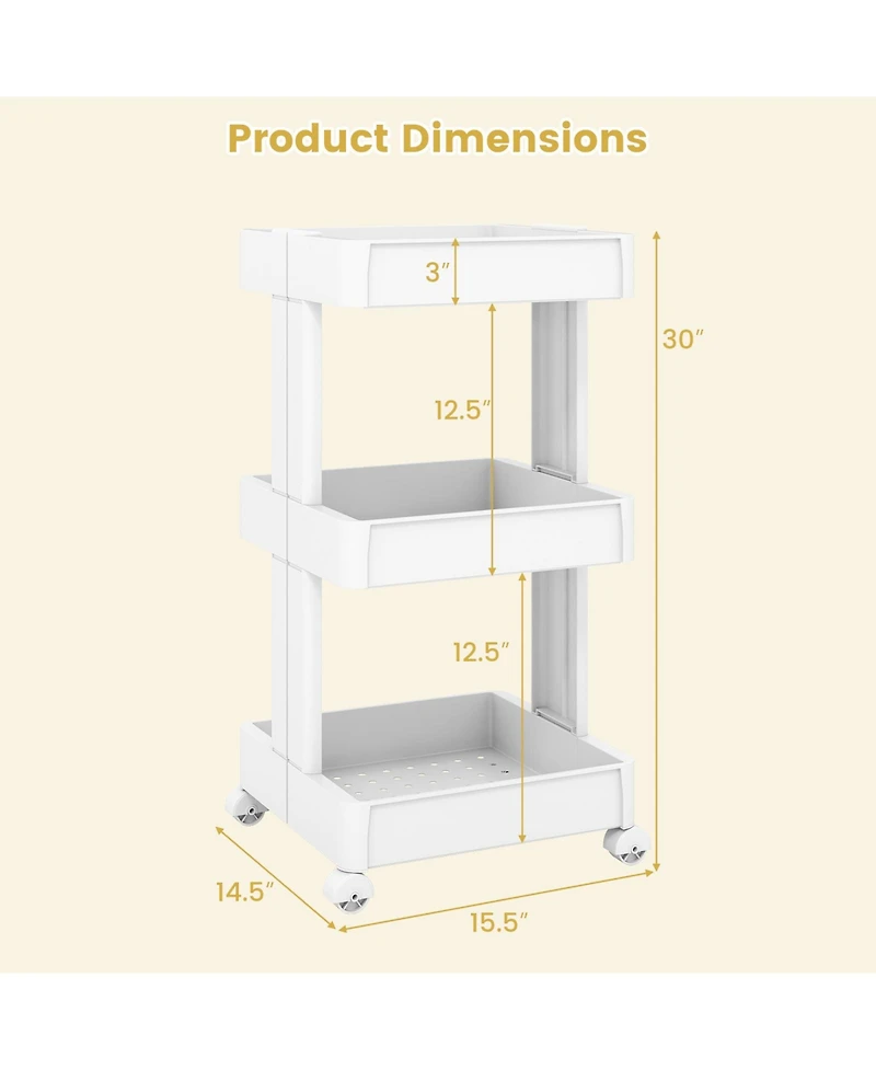 Gouun 3-Tier Rolling Utility Cart with Detachable Trays and Ventilated Shelves, 15.5 x 14.5 x 30 in