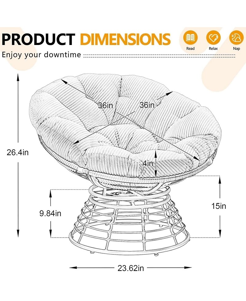 Rainsken 360degree(s) Rotatable Rattan Papasan Chair, Wicker Accent Lounge Seat with Soft Padded Cushion, Balcony, Living Room
