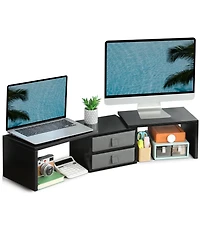 Gnuadz Dual Monitor Stand Riser With Drawers Adjustable Shelf Organizer Wood Desk Storage