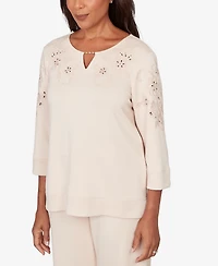 Alfred Dunner Women's Seville Floral Embroidered Beaded Split Neck Top