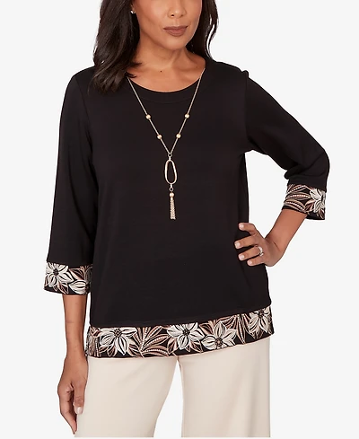 Alfred Dunner Women's Seville Bold Floral Border Trim Top with Necklace