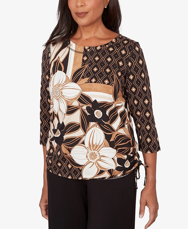 Alfred Dunner Women's Seville Floral Geometric Patchwork Side- Tie Crewneck Top