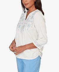Alfred Dunner Women's St. Augustine Medallion Embroidered Ruched Henley Top