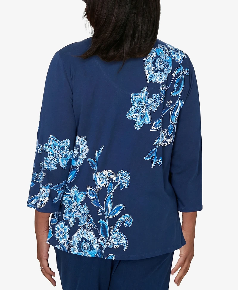 Alfred Dunner Women's Mykonos Asymmetrical Floral Split Beaded Neck Top