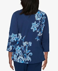 Alfred Dunner Women's Mykonos Asymmetrical Floral Split Beaded Neck Top