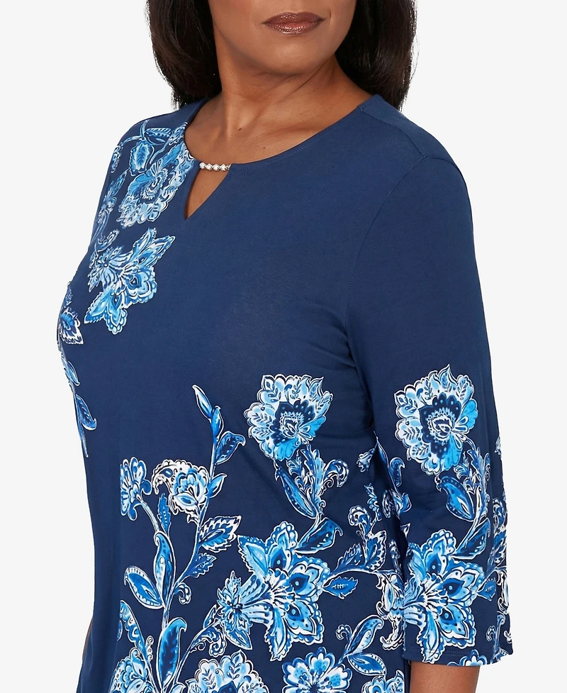 Alfred Dunner Women's Mykonos Asymmetrical Floral Split Beaded Neck Top