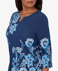 Alfred Dunner Women's Mykonos Asymmetrical Floral Split Beaded Neck Top