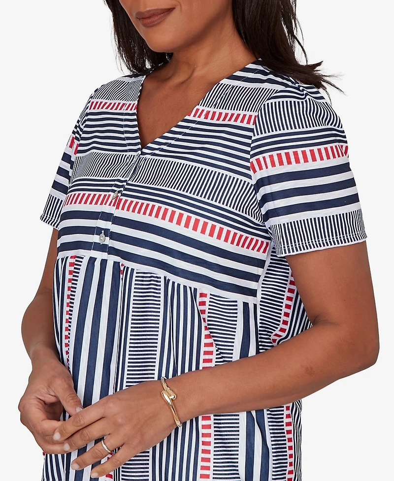 Alfred Dunner Women's Port Side Spliced Mixed Stripe Flutter-Sleeve Top