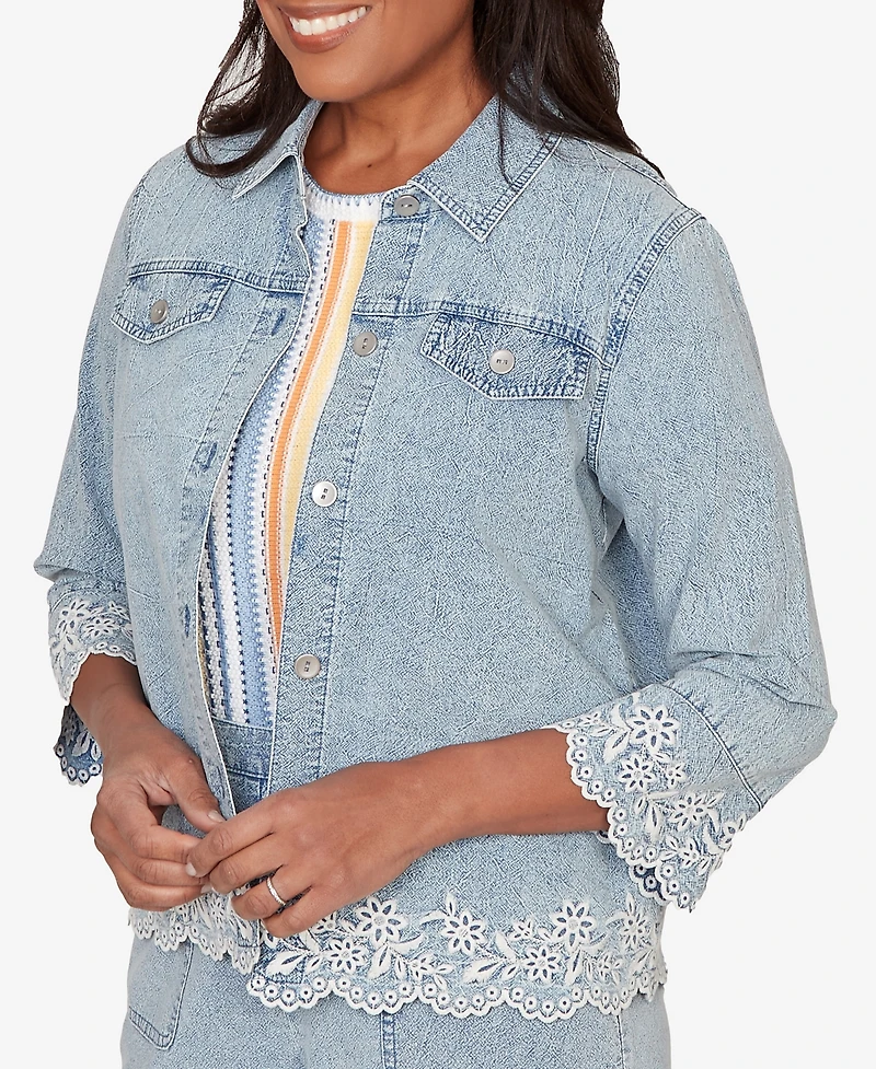 Alfred Dunner Women's Out of the Blue Floral Embroidered Scallop Trim Jacket