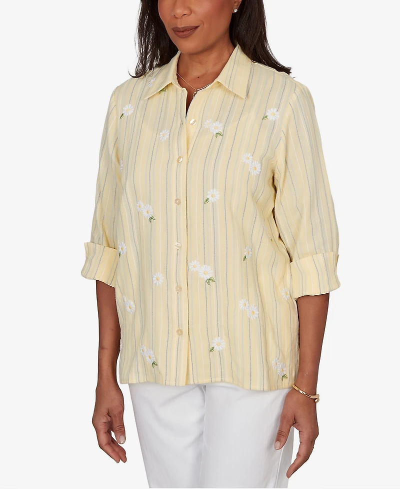 Alfred Dunner Women's Out of the Blue Embroidered Daisy Stripes Button-Front Top