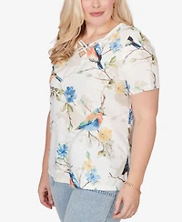 Alfred Dunner Women's Out of the Blue Chickadees Embellished V-Neck Top