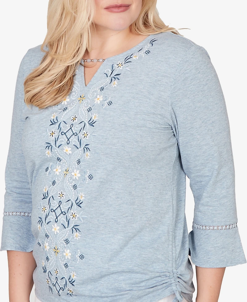 Alfred Dunner Women's Out of the Blue Center Scroll Embroidered Side Tie Top