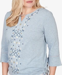 Alfred Dunner Women's Out of the Blue Center Scroll Embroidered Side Tie Top