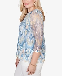 Alfred Dunner Women's Out of the Blue Dramatic Ikat Scallop Trim Crewneck Top