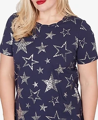 Alfred Dunner Women's Lady Liberty Sparkling Foil Stars Crewneck T-shirt