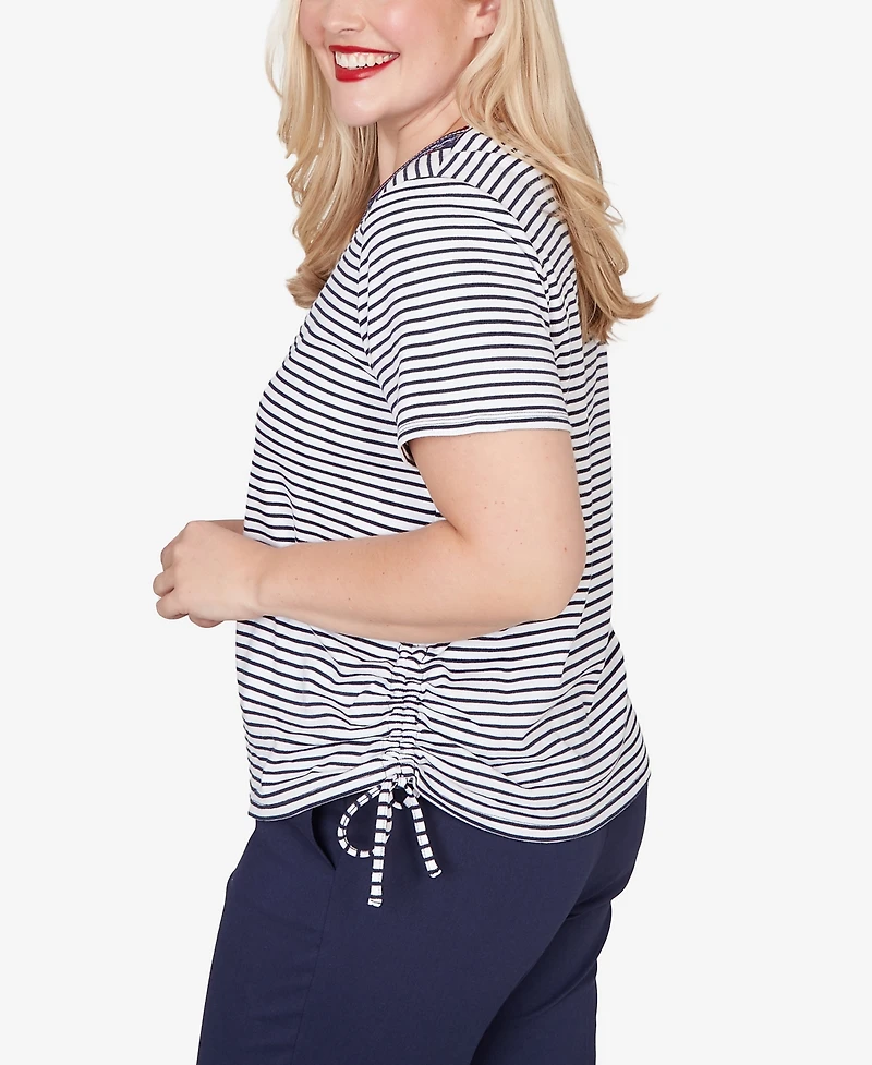 Alfred Dunner Women's Lady Liberty Embroidered Neck Striped Side Tie Top