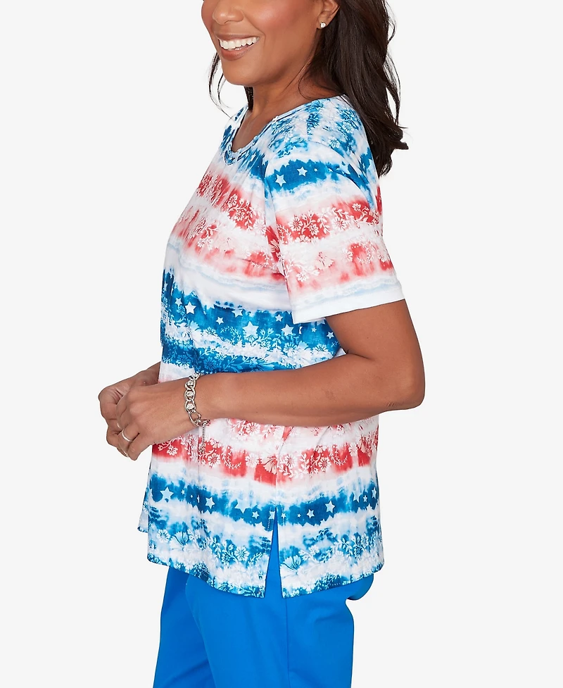 Alfred Dunner Women's Lady Liberty Americana Tie Dye Stripes Crewneck T-shirt