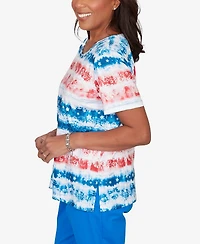 Alfred Dunner Women's Lady Liberty Americana Tie Dye Stripes Crewneck T-shirt