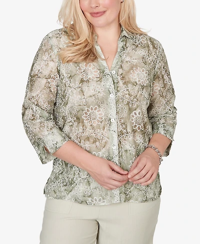 Alfred Dunner Women's Vintage Charm Tie Dye Monotone Floral Button Front Top