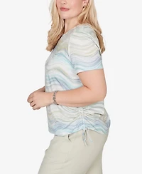 Alfred Dunner Women's Vintage Charm Wavy Biadere Side-Tie Ruched Crewneck T-shirt