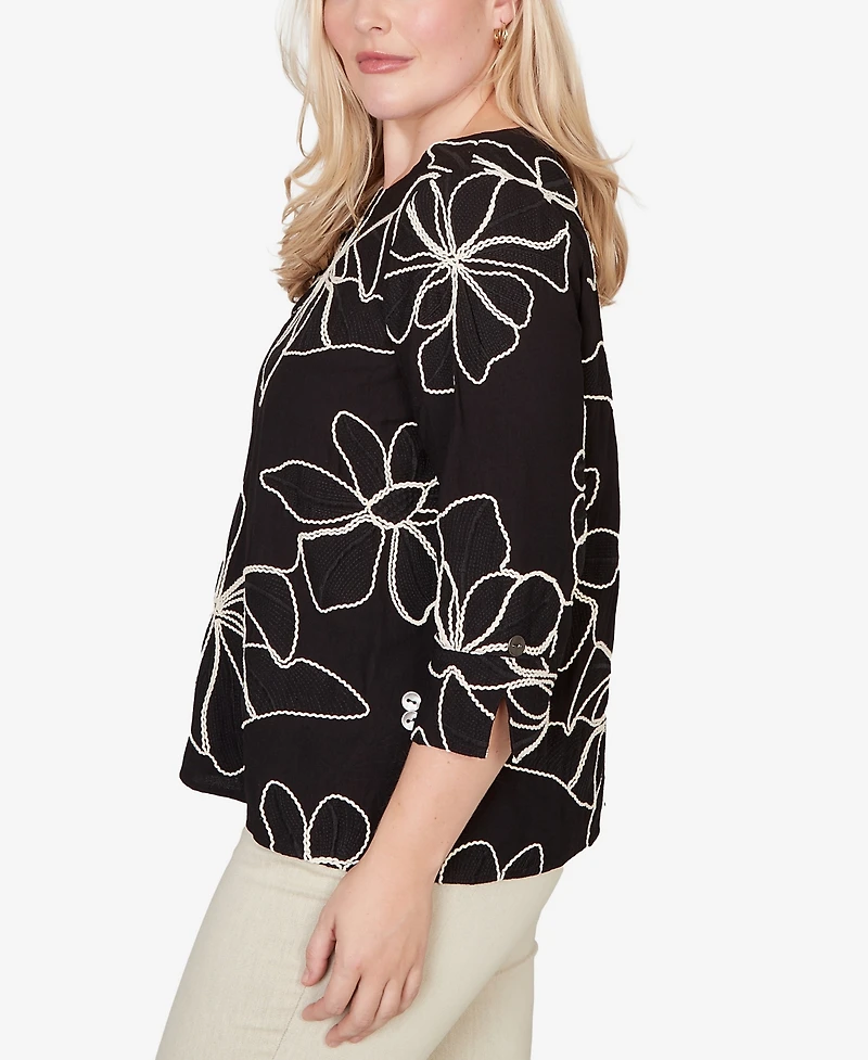 Alfred Dunner Women's Detail Driven Flower Soutache 3/4-Sleeve Top