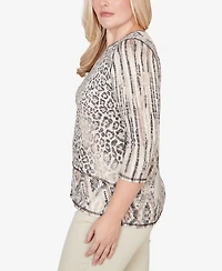 Alfred Dunner Women's Detail Driven Spliced Aztec Animal Skin Crewneck Top