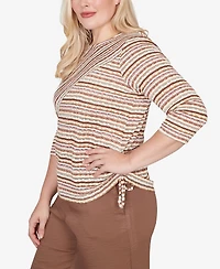 Alfred Dunner Women's Spice Market Spliced Textured Stripe Ruched Tie Top