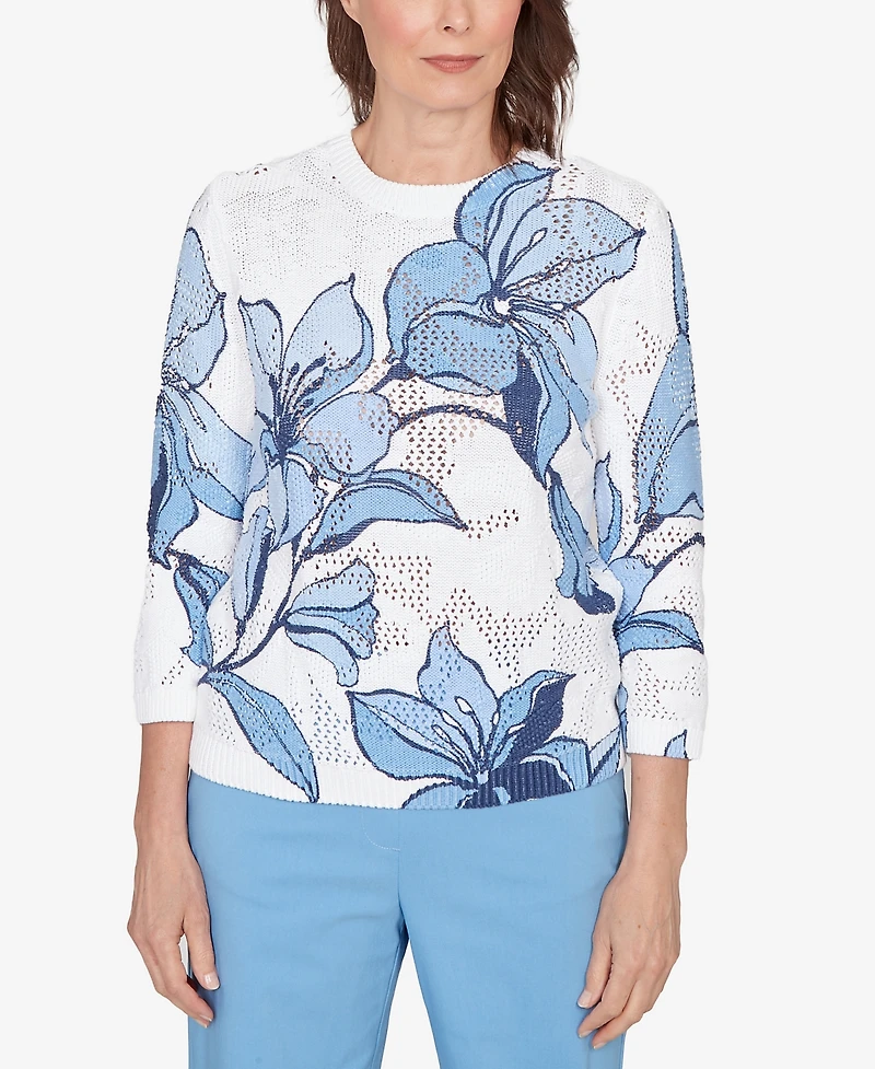Alfred Dunner Women's St. Augustine Abstract Floral Print Ribbed Sweater