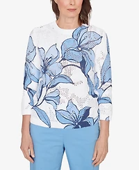 Alfred Dunner Women's St. Augustine Abstract Floral Print Ribbed Sweater