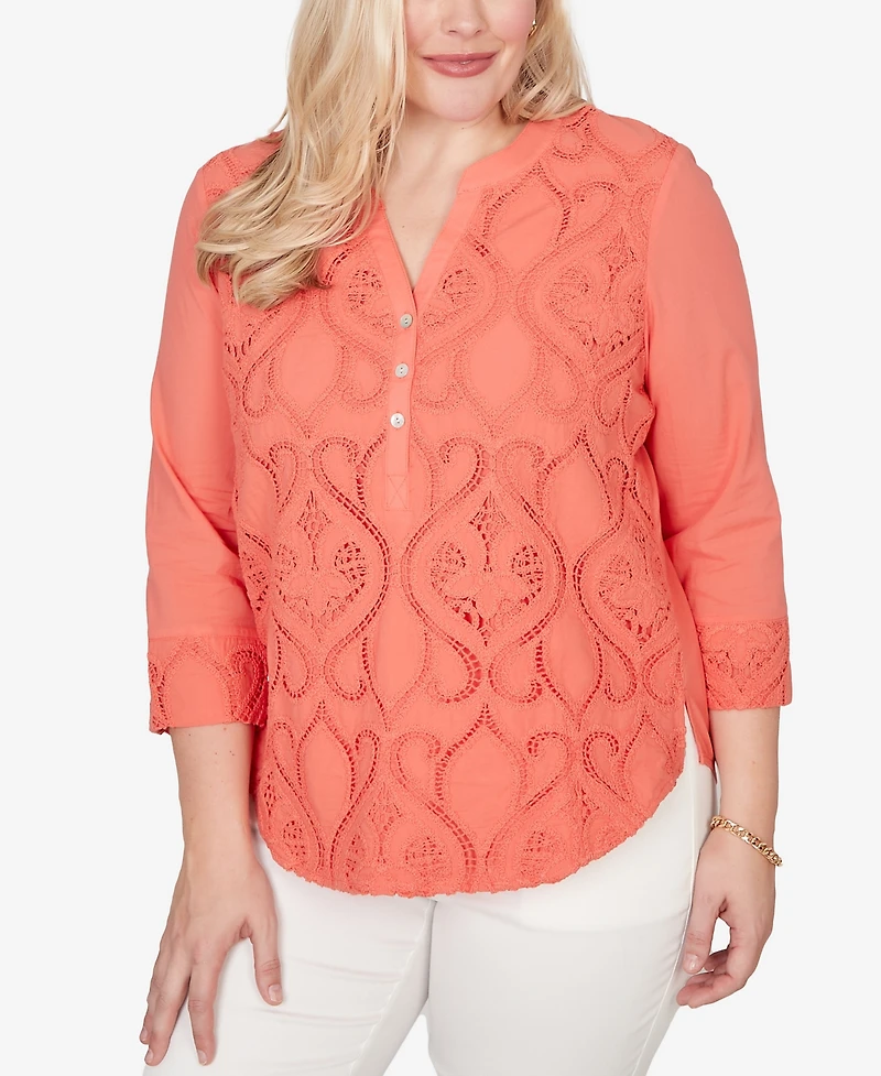 Alfred Dunner Women's Resort Living Textured Lace Scroll Henley Top
