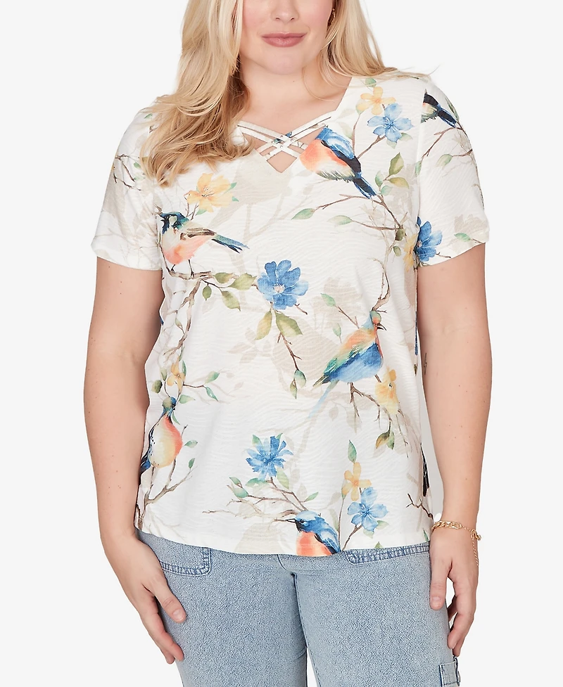 Alfred Dunner Women's Out of the Blue Chickadees Embellished V-Neck Top