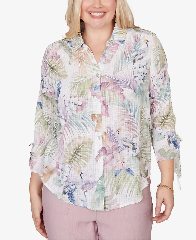 Alfred Dunner Women's Vintage Charm Tropical Button Front Tie Sleeve Top