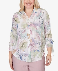 Alfred Dunner Women's Vintage Charm Tropical Button Front Tie Sleeve Top