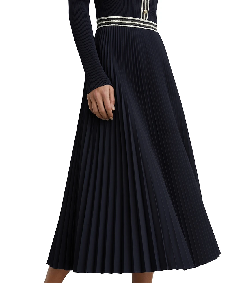 Reiss Women's Rib-Knit Stripe-Trim Pleated Midi Dress