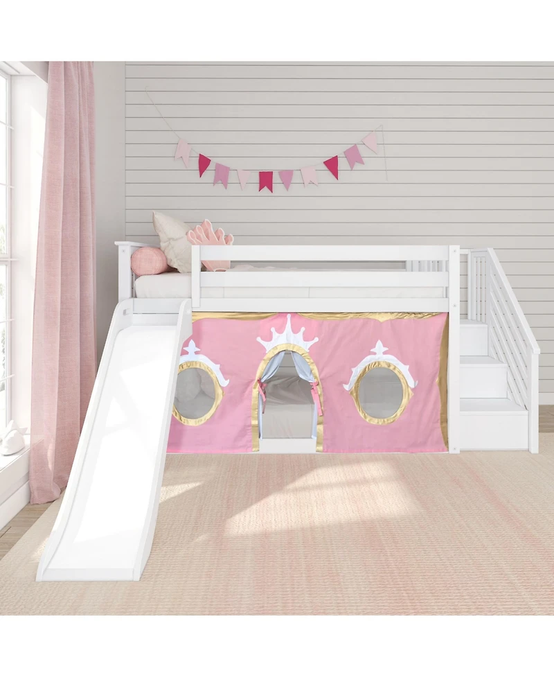 Max & Lily Low Twin over Bunk With Stairs, Easy Slide and Gold Princess Curtain