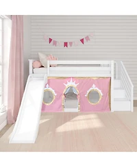 Max & Lily Low Twin over Bunk With Stairs, Easy Slide and Gold Princess Curtain