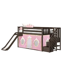 Max & Lily Low Twin over Bunk With Stairs, Easy Slide and Gold Princess Curtain
