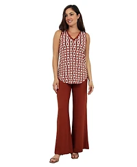 24seven Comfort Apparel Women's Abstract Print V-Neck Top and Elastic-Waist Flared Pant Set
