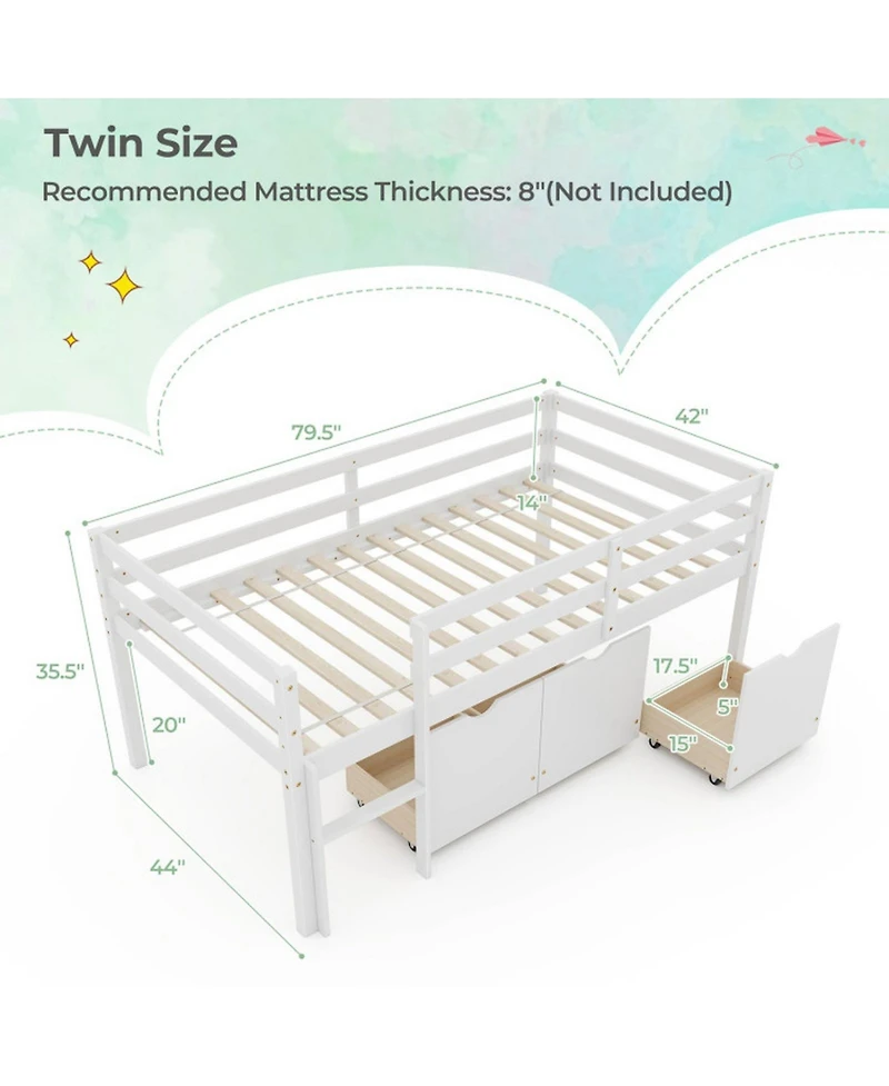Gouun Twin Low Loft Bed with 3 Storage Drawers, Ladder and Full-Length Guardrails