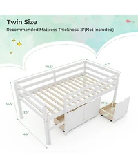 Gouun Twin Low Loft Bed with 3 Storage Drawers, Ladder and Full-Length Guardrails