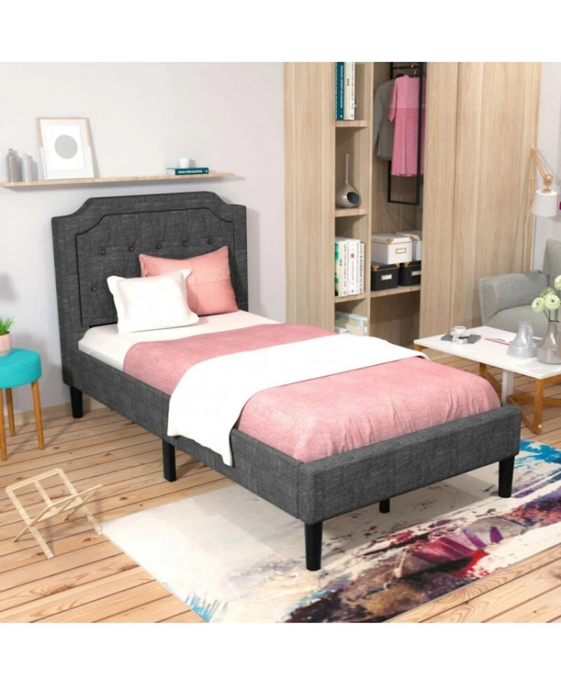Button-Tufted Twin Platform Bed with Upholstered Headboard