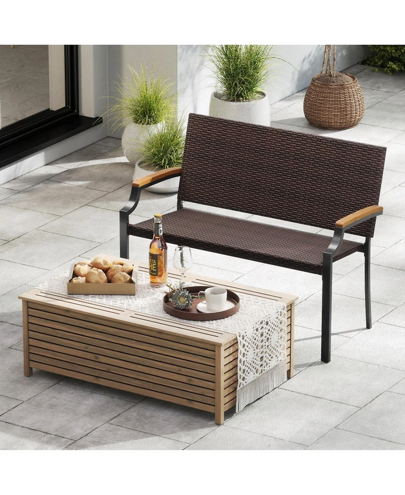 Gouun Stackable Pe Wicker Patio Loveseat with Acacia Wood Armrests