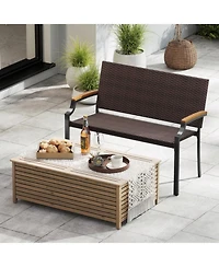 Gouun Stackable Pe Wicker Patio Loveseat with Acacia Wood Armrests