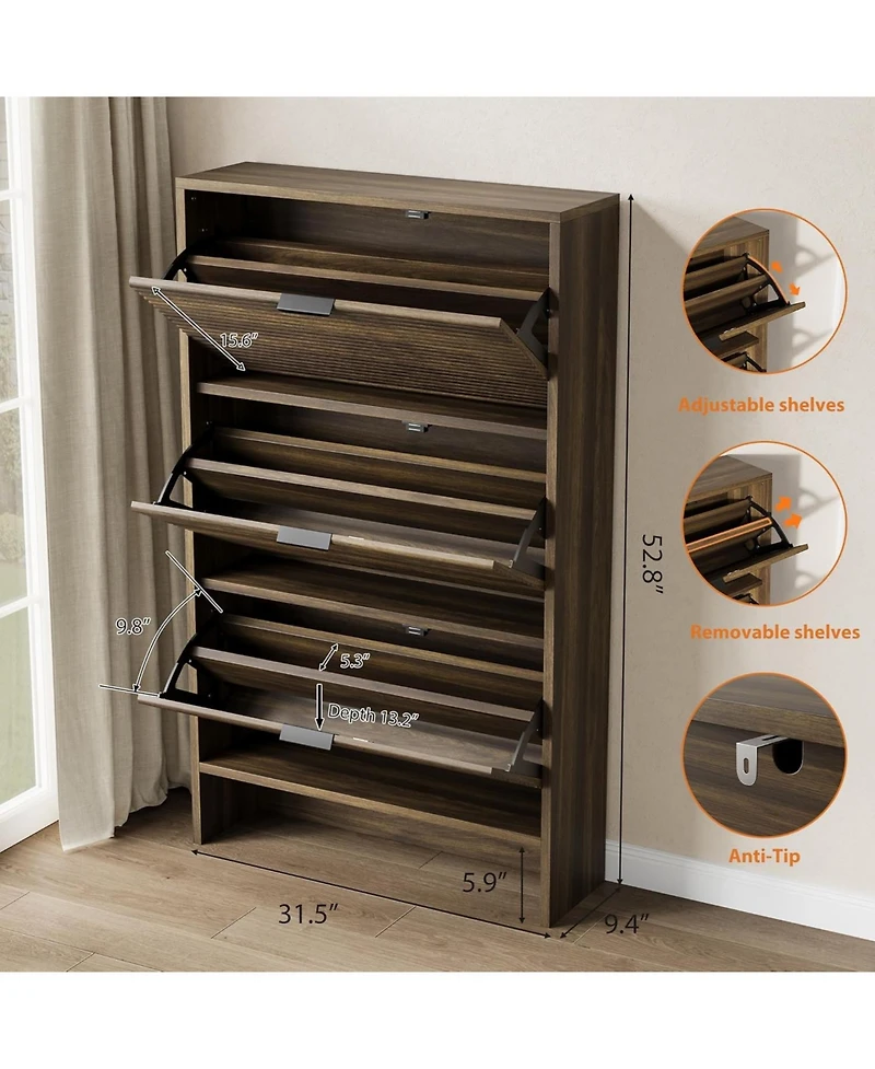 Homfan Fluted Shoe Cabinet with 3 Flip Drawers, Wide Slim Entryway Storage