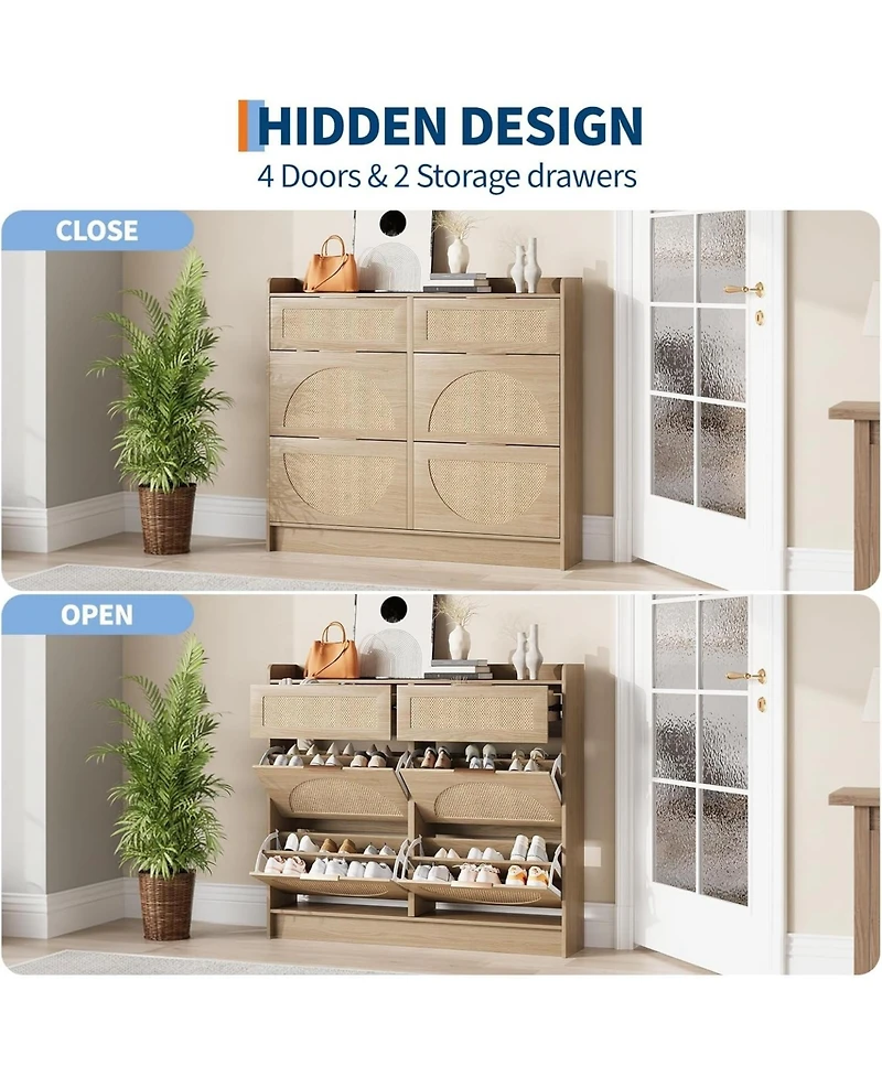 Homfan Rattan Shoe Cabinet with Adjustable Shelves and Metal Handles, Narrow Entryway Storage