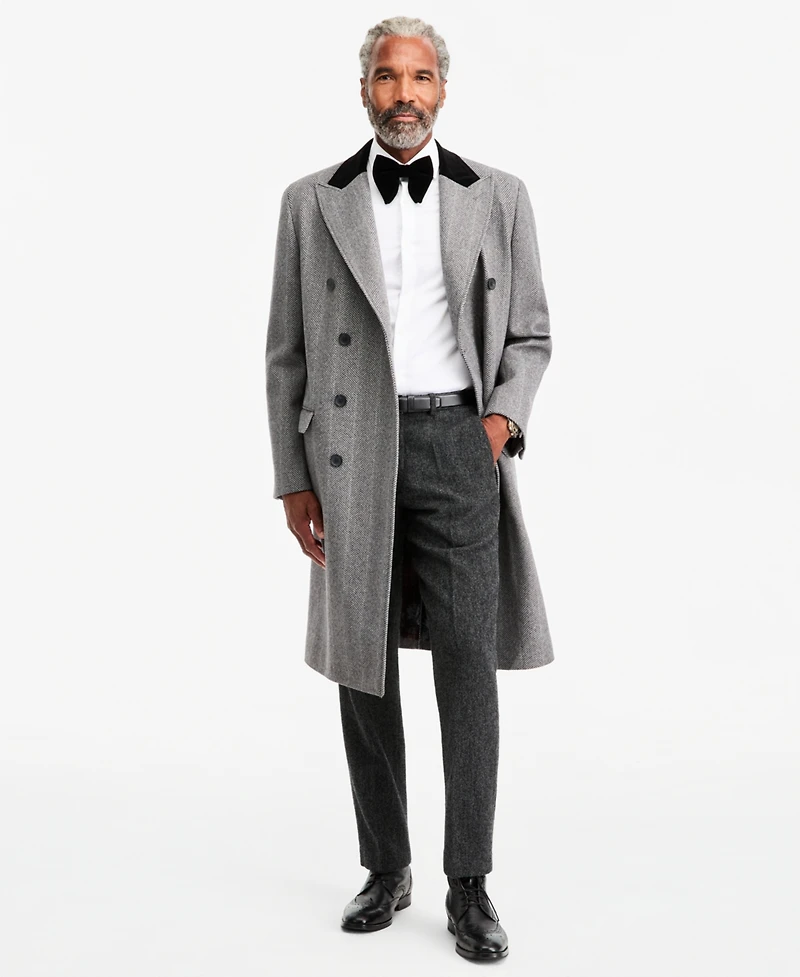 Tayion Collection Men's Classic-Fit Herringbone Light Gray Double-Breasted Overcoat