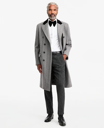 Tayion Collection Men's Classic-Fit Herringbone Light Gray Double-Breasted Overcoat