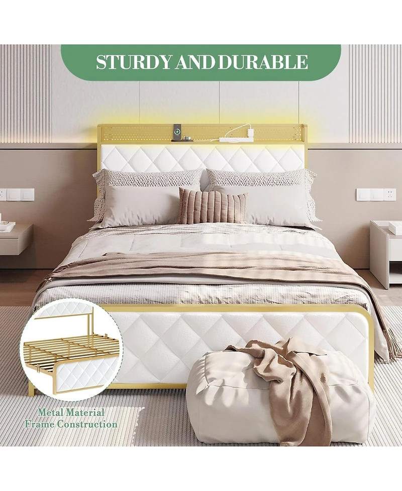 gaomon King Platform Bed Frame with Charging Station, Led Lights, Velvet Storage Headboard, Noise-Free, No Box Spring Needed